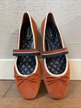 NWOT Birdies Rust Suede Mary Jane Ballet Flats with Navy Quilted Insole
